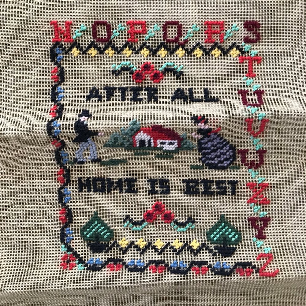 Completed Needlepoint After All Home Is Best Rustic Embroidery Sampler Bucilla